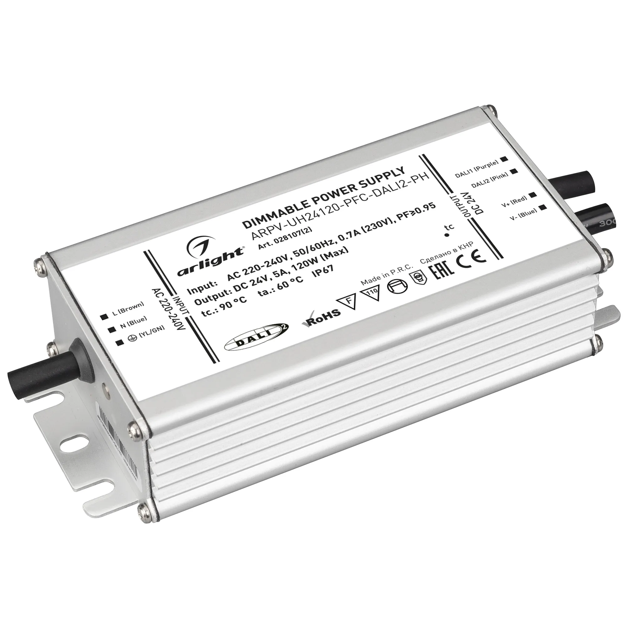 Блок питания ARPV-UH24120-PFC-DALI2-PH (24V, 5.0A, 120W) (Arlight, IP67 Металл, 7 лет) - изображение товара