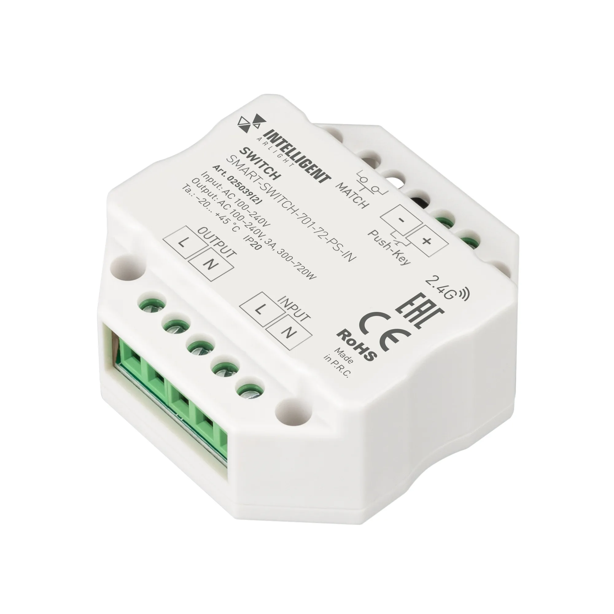 INTELLIGENT ARLIGHT Релейный модуль SMART-SWITCH-701-72-PS-IN  (230V, 1x3A, 2.4G) (IARL, IP20 Пластик, 5 лет) - изображение товара